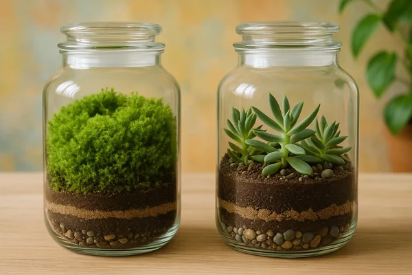 Diferenças entre terrário fechado de musgo natural e suculentas resistentes