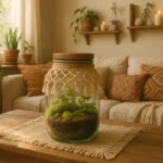 Estilo boho com terrário fechado em pote de vidro reciclado artesanal
