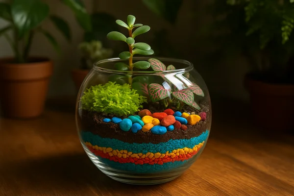 Montagem de terrário fechado com pedras coloridas em aquário pequeno