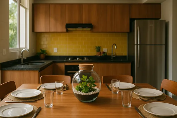 Terrários fechados como centro de mesa para sala de jantar moderna
