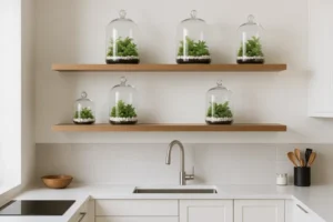 Terrários fechados em prateleiras suspensas: harmonia entre altura e equilíbrio