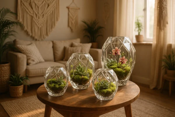 Inspirações de terrários fechados em recipientes de cristal lapidado