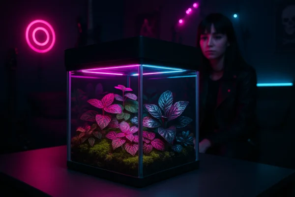 Cyberpunk botânico: neon e contrastes em recipientes escuros