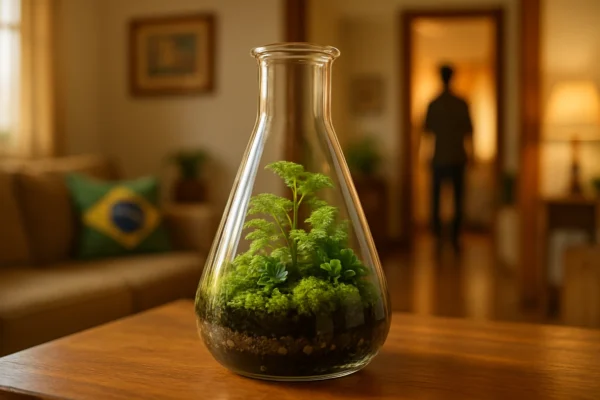 Terrário fechado em balão de vidro de laboratório (Erlenmeyer)